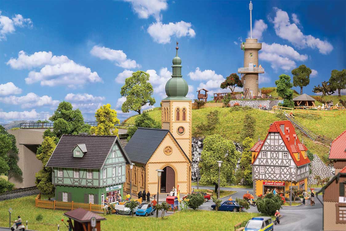 Faller 190038 Village Life Set -- Kit - Church, 2 Town Buildings