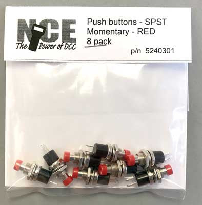 301 NCE / 8 pack N.O. Momentary SPST Pushbutton Red(SCALE=ALL) Part # 524-301
