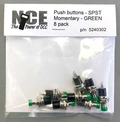 302 NCE / 8 pack N.O. Momentary SPST Pushbutton Green  (SCALE=ALL) Part # 524-302