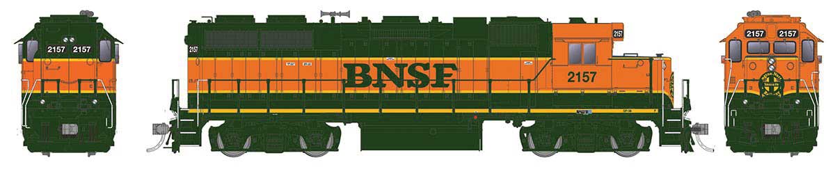 Rapido 38533 EMD GP38 BNSF Burlington Northern Santa Fe #2157 (H1, green,  orange) with DCC & Sound HO Scale