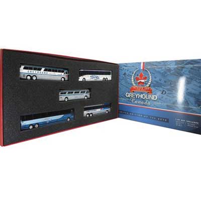Iconic 87-0341 5-Bus Set - Assembled -- Greyhound Canada Tribute (5 Different Schemes) HO Scale