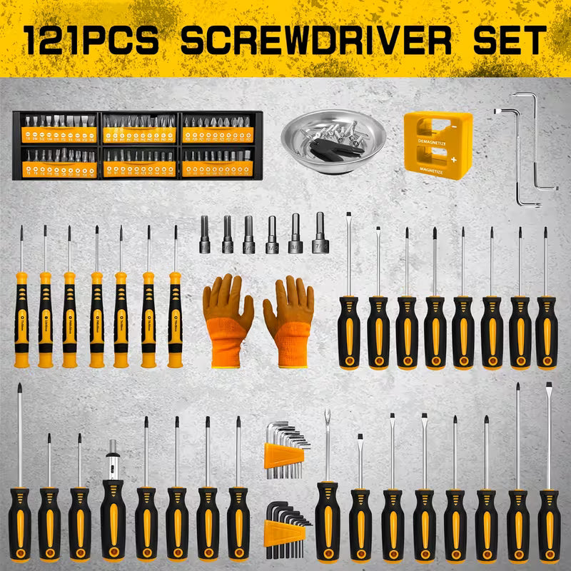 121pcs Magnetic Screwdriver Set with Plastic Case & Tool Bowl - Chrome Vanadium Steel Multi-Size PH/TX/W/ZH Bits, Non-Slip Rubber Grip, Heavy-Duty Magnetic Tips ALL Scale