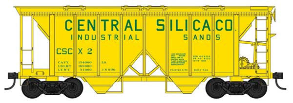 Bowser 42745 70-Ton 2-Bay Covered Hopper - Central Silica Co. #5 (yellow, green, Built 5-49 Repack 8-70) HO Scale