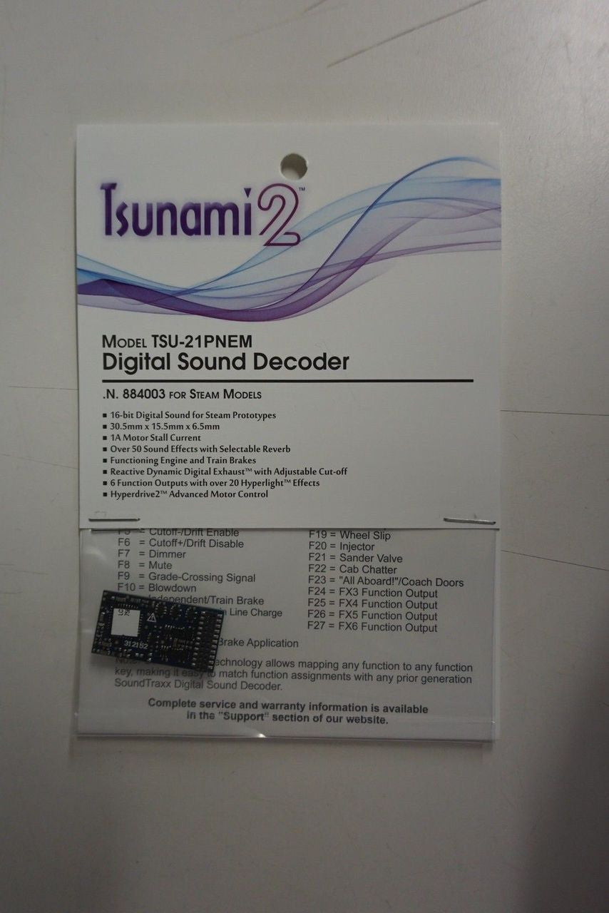 884008 Soundtraxx / Tsunami 2 Steam-2, 6-Function, Universal TSU-21PNEM (1 Amp) Digital Sound Decoders (Scale=HO) Part # = 678-884008