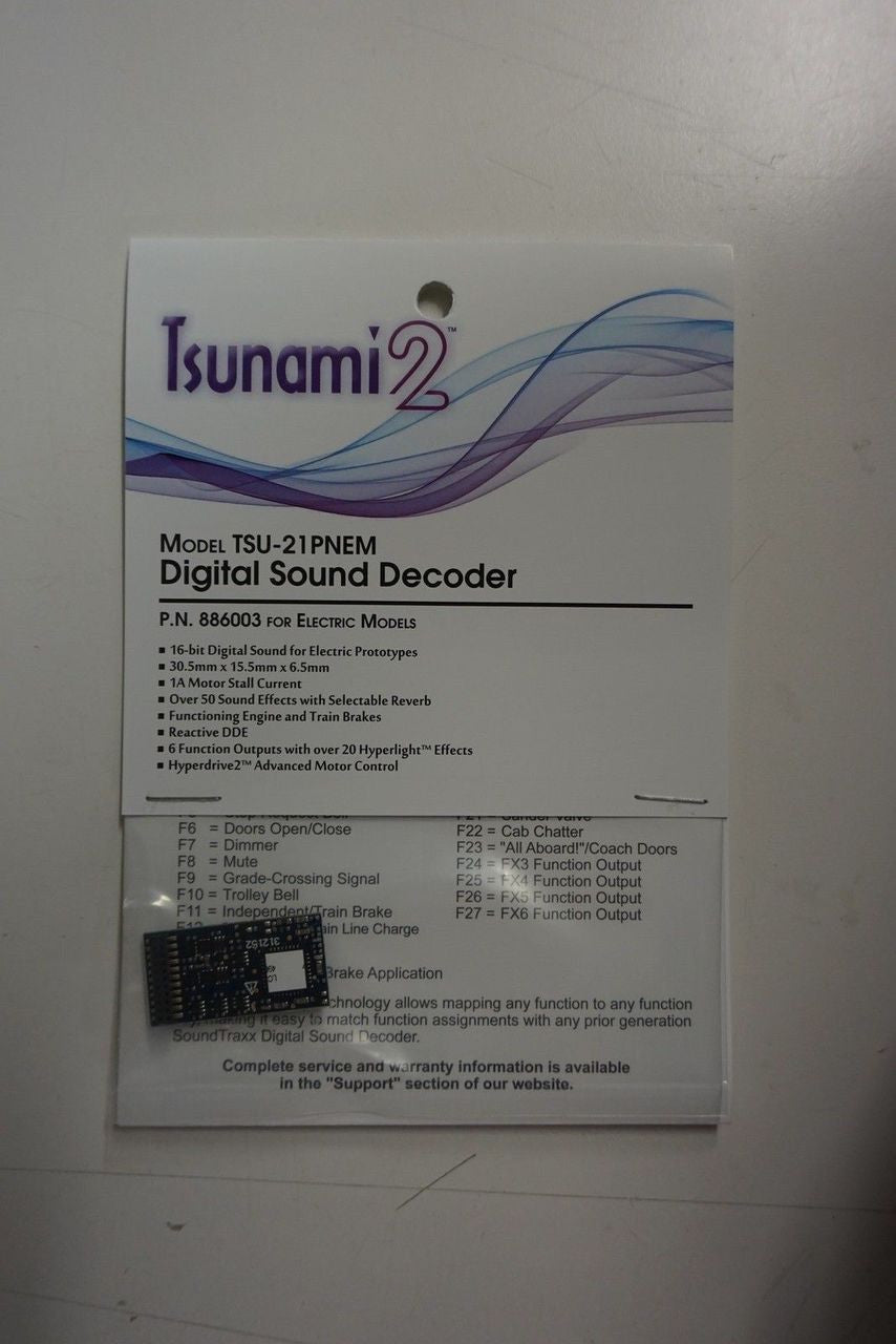 886003 Soundtraxx / Tsunami 2 Electric, 6-Function, Universal TSU-21PNEM (1 Amp) Digital Sound Decoders    (Scale=HO) Part # = 678-886003