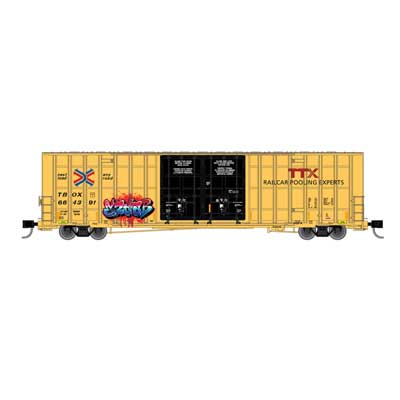 Atlas 50006939 Gunderson 7550 Double-Door Boxcar - Ready to Run -- TTX TBOX #664391 (yellow, black, red logo, Graffiti) N Scale