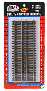 521 Atlas Code 83 Snap Track - 6" 15.2cm package of 4 Straight Sections HO Scale