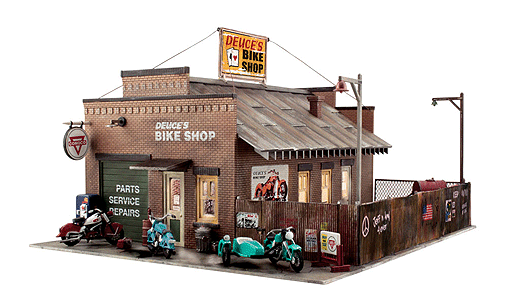 Woodland Scenics 5846 Deuce's Cycle Shop - Built-&-Ready Landmark Structures(R) -- Assembled - 11-3/4 x 10"  29.8 x 25.4cm O Scale