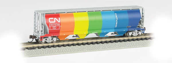 Bachmann 19151 4-Bay Grain Hopper CN Canadian National #370708 (Demonstrator; Rainbow Colors on Side A, Gray on Side B) N Scale