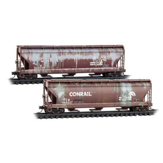 Micro-Trains 983 05 102 ACF 3-Bay Center Flow Covered Hopper w/Elongated Hatches 2-Pack Conrail #888538, 888237 (Weathered, Boxcar Red, white) N Scale