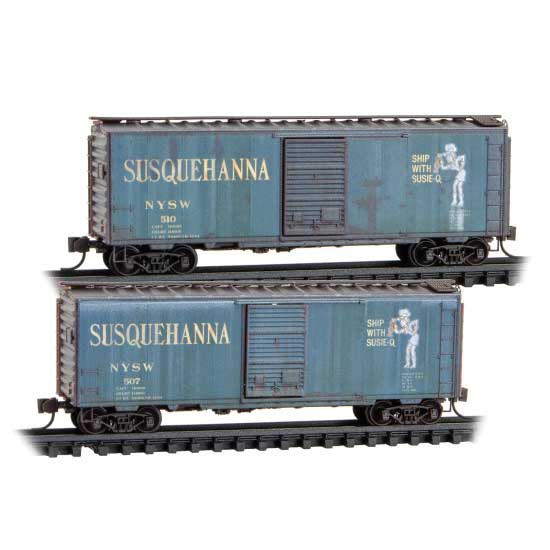 Micro-Trains 983 05 107 40' Single-Door Boxcar 2-Pack New York, Susquehanna & Western #510, 507 (Weathered, green Susie Q Logo) N Scale