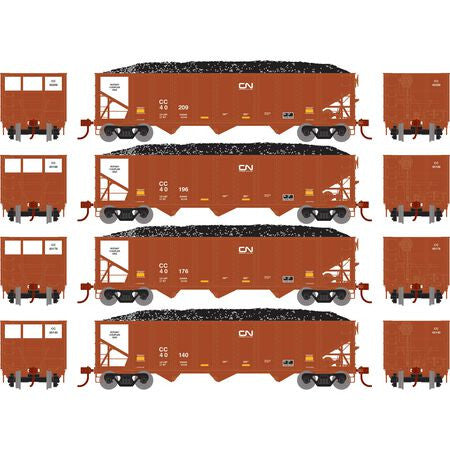 Athearn ATH15166 CC Chicago Central & Pacific Railroad - 4 Pack - 40' 3-Bay Ribbed Hopper with Load HO Scale