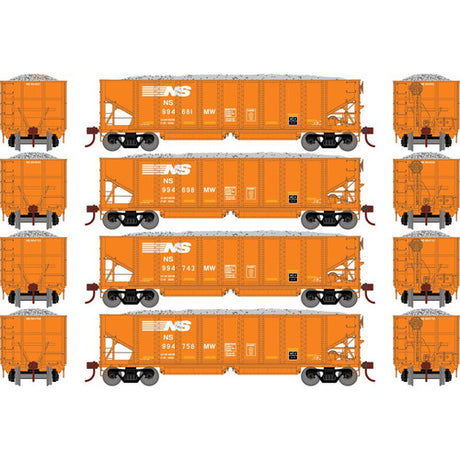 Athearn ATH7640 NS Norfolk Southern Set #1 4 Pack 40' Ribbed 3-Bay Ballast Hopper HO Scale