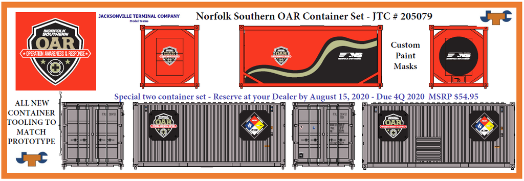 JTC MODEL TRAINS 205079 NORFOLK SOUTHERN OAR SPECIAL SET; one-20' Std. height container & one- 20 Tank container N Scale