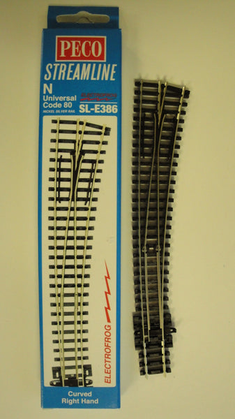 Peco SL-E386 N Scale Right Hand Curved Turnout Electrofrog 36/18