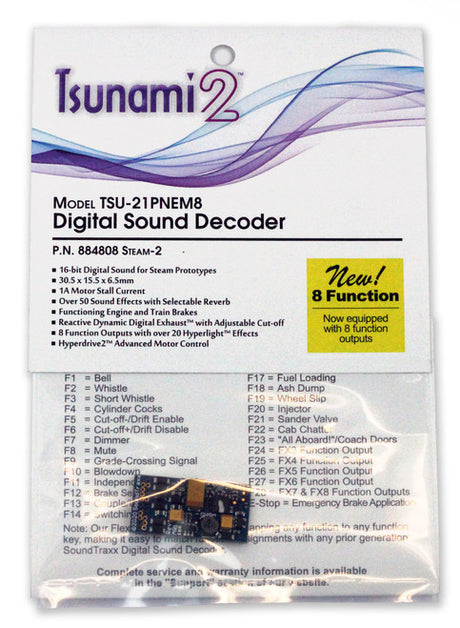 884808 Soundtraxx / Tsunami 2 Steam-2, 8-Function, Universal TSU-21PNEM (1 Amp) Digital Sound Decoders (Scale=HO) Part # = 678-884808