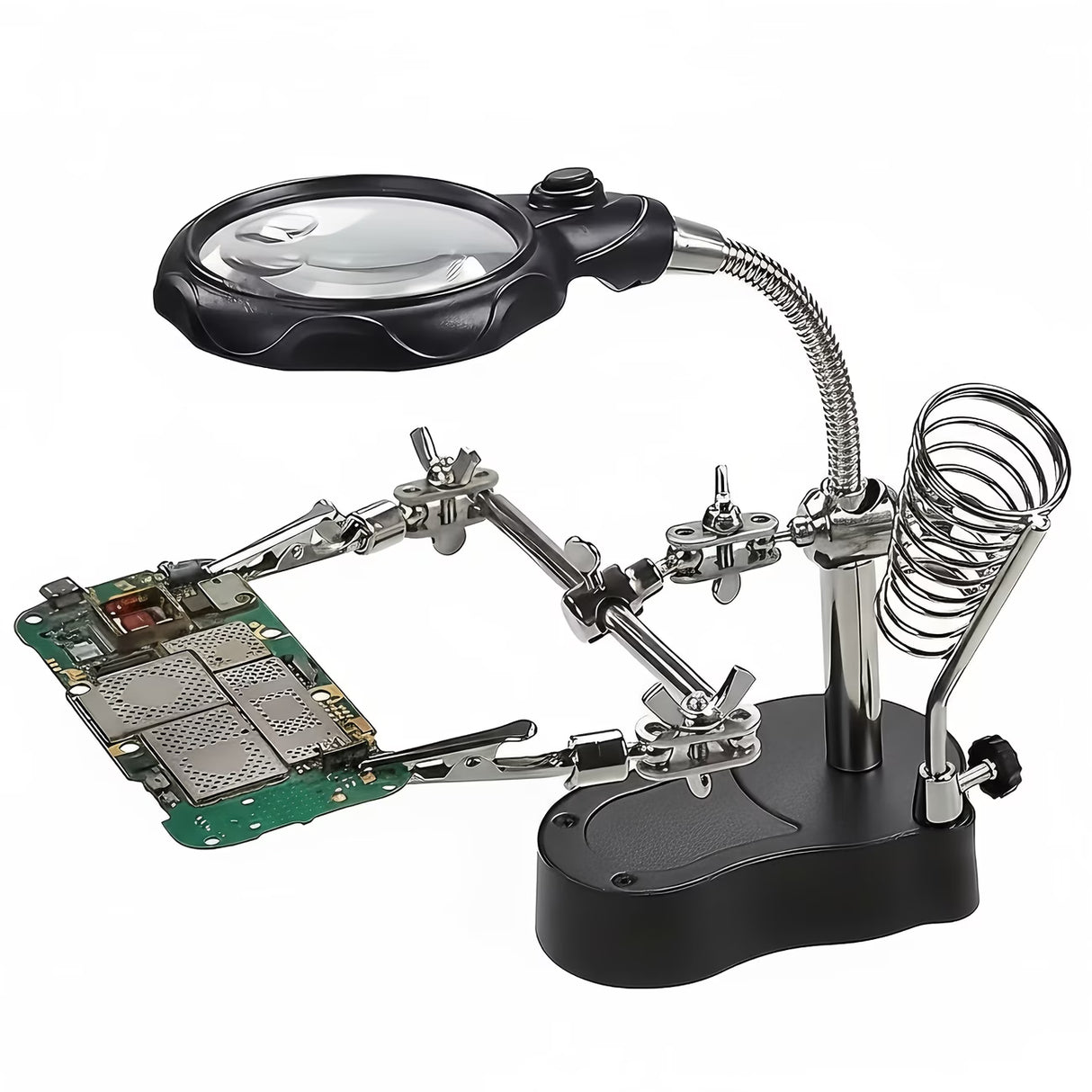 Professional Repair Station with LED Magnifier - Adjustable Folding Arm & Heavy-Duty Base, Magnifying Glass PCB Holder, Welding Tool - Magnification for Electronics/Watchmaking - Battery-Powered ALL Scale