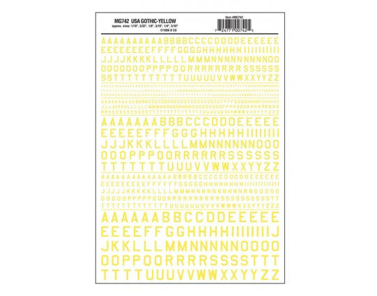 Woodland Scenics 742 Dry Transfer Alphabet - 45 Degree USA Gothic (Military Style) -- Yellow A Scale