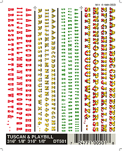 Woodland Scenics 501 Dry Transfer Alphabet & Number Sets -- Tuscan & Playbill Type Faces (3/16 & 1/8", red, green, yellow & 2-Tone) A Scale