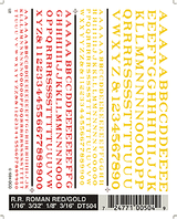 Woodland Scenics 504 Dry Transfer Alphabet & Number Sets -- Railroad Roman Type Face (red & gold) A Scale