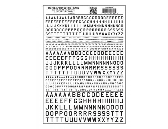 Woodland Scenics 739 Dry Transfer Alphabet & Numbers - 45-Degree USA Gothic (Military Style) -- Black A Scale