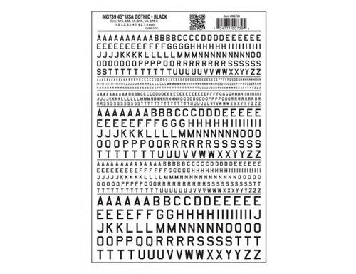 Woodland Scenics 739 Dry Transfer Alphabet & Numbers - 45-Degree USA Gothic (Military Style) -- Black A Scale