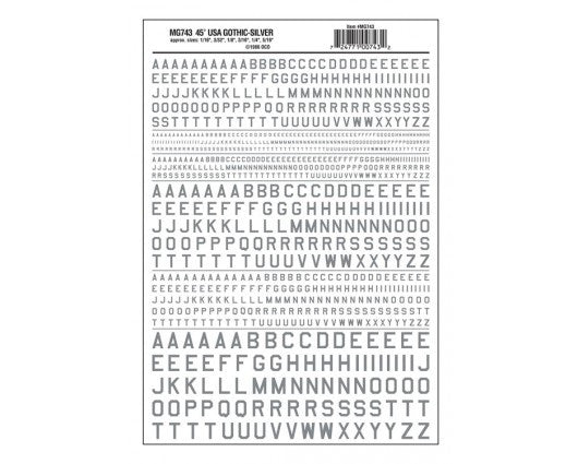 Woodland Scenics 743 Dry Transfer Alphabet & Numbers - 45-Degree USA Gothic (Military Style) -- Silver A Scale