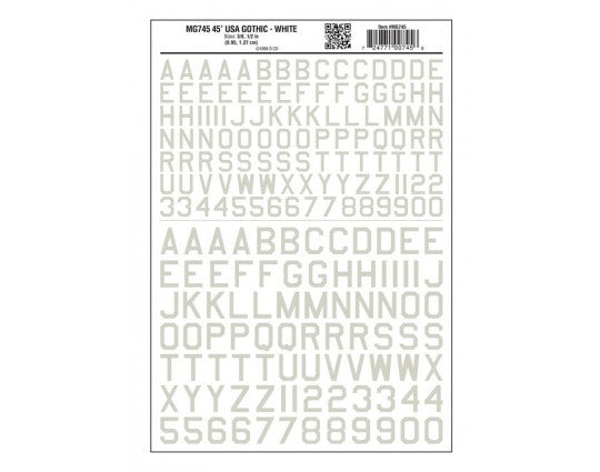 Woodland Scenics 745 Dry Transfer Alphabet & Numbers - 45 Degree USA Gothic (Military; 3/8 & 1/2") -- White A Scale
