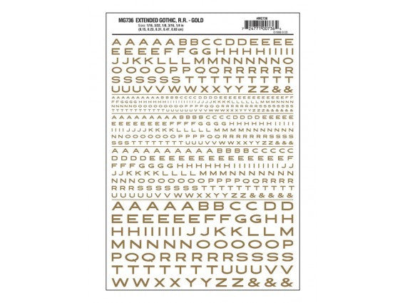Woodland Scenics 736 Dry Transfer Alphabet & Numbers - Extended Railroad Gothic -- Gold A Scale