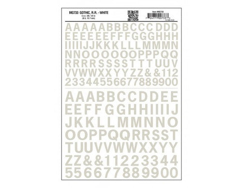 Woodland Scenics 733 Dry Transfer Alphabet & Numbers - Railroad Gothic - 3/8 & 1/2"  1 & 1.3cm -- White A Scale