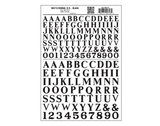 Woodland Scenics 713 Dry Transfer Alphabet & Numbers - Railroad Roman (3/8 & 1/2") -- Black A Scale