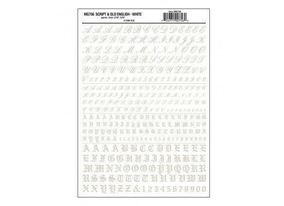 Woodland Scenics 756 Dry Transfer Alphabet & Numbers - Script/Old English -- White A Scale