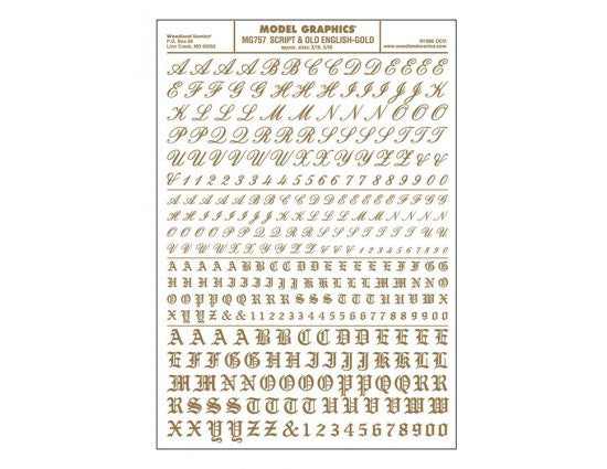 Woodland Scenics 757 Dry Transfer Alphabet & Numbers - Script/Old English -- Gold A Scale