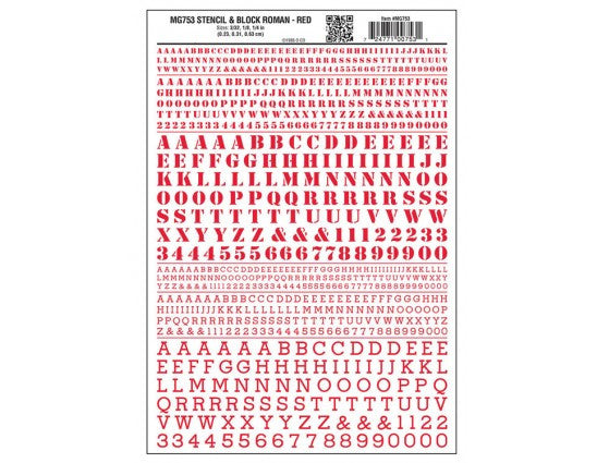 Woodland Scenics 753 Dry Transfer Alphabet & Numbers - Stencil/Block Roman -- Red A Scale