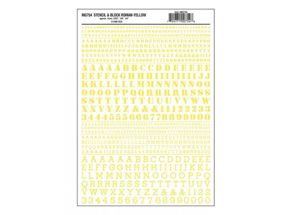 Woodland Scenics 754 Dry Transfer Alphabet & Numbers - Stencil/Block Roman -- Yellow A Scale