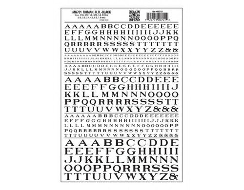 Woodland Scenics 701 Dry Transfer Alphabet - Railroad Roman - 1/16, 3/32, 1/8, 3/16, 1/4 & 5/16" -- Black A Scale