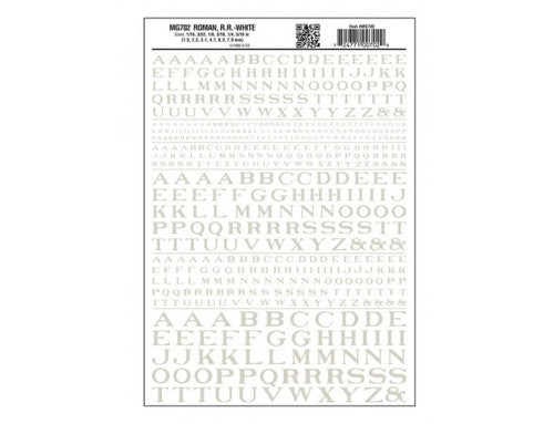 Woodland Scenics 702 Dry Transfer Alphabet - Railroad Roman - 1/16, 3/32, 1/8, 3/16, 1/4 & 5/16" -- White A Scale