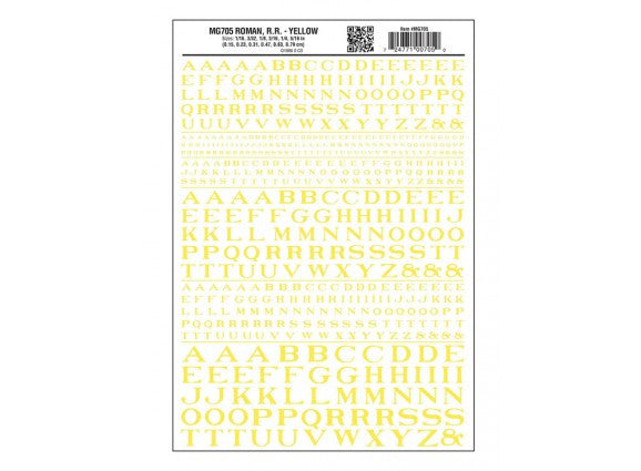 Woodland Scenics 705 Dry Transfer Alphabet - Railroad Roman - 1/16, 3/32, 1/8, 3/16, 1/4 & 5/16" -- Yellow A Scale