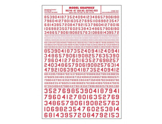 Woodland Scenics 748 Dry Transfer Numbers Only - 45 Degree USA Gothic (Military Style) -- Red A Scale