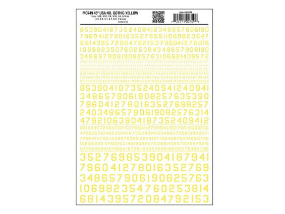 Woodland Scenics 749 Dry Transfer Numbers Only - 45 Degree USA Gothic (Military Style) -- Yellow A Scale