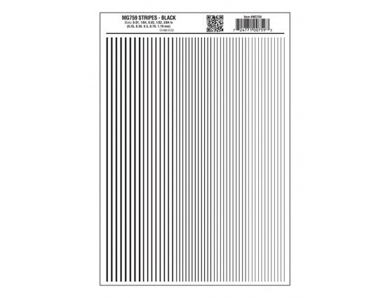 Woodland Scenics 759 Dry Transfer Stripes - .010, 1/64, .022, 1/32 & 3/64" Wide -- Black A Scale