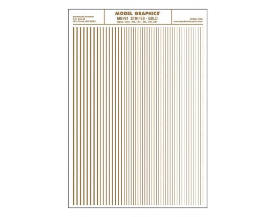 Woodland Scenics 761 Dry Transfer Stripes - .010, 1/64, .022, 1/32 & 3/64" Wide -- Gold A Scale