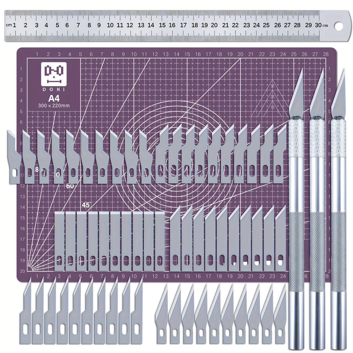 65pcs Craft Cutting Stencil Knife Set And A4 Cutting Mat Set Art & Craft Blade Cutting Exacto Knifes ALL Scale