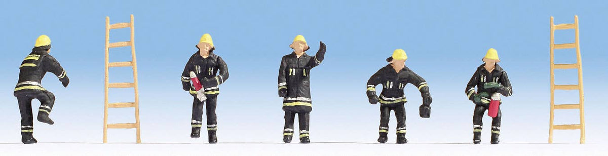 Noch 15021 Firefighters w/Ladders -- 5 Figures (black coats) & 2 Ladde ...