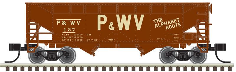 Atlas 50006144 2-Bay Offset Side Hopper - P&WV Pittsburgh & West Virginia #154 (Boxcar Red, tan) N Scale