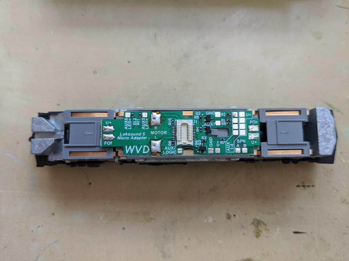 WVD LokSound 5 Next18 decoder adapter board designed for Kato DCC-ready N scale F2, F3, F7, F40PH and P42 locomotives.