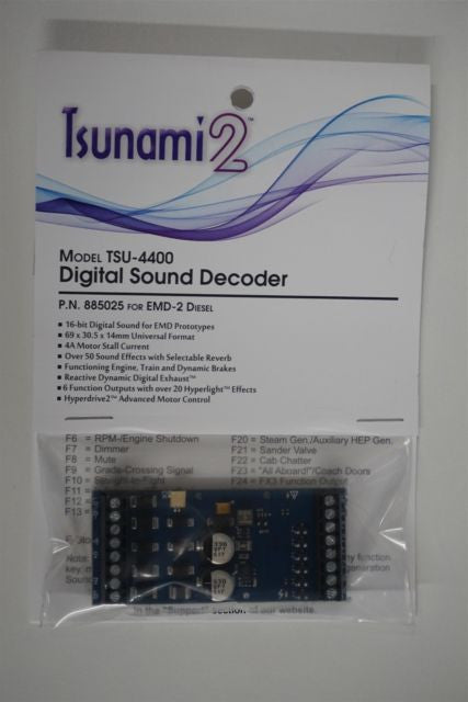 885025 Soundtraxx / Tsunami 2 Diesel EMD Set, 6-Function, Universal (4 Amp) Digital Sound Decoders    (Scale=HO) Part # = 678-885025