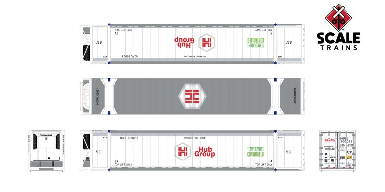 Scaletrains SXT11708 CIMC 53’ Reefer Container, Hub Group/HGIU 3 Pack HO Scale