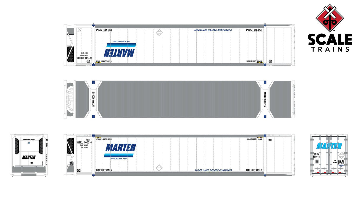 Scaletrains SXT11712 CIMC 53’ Reefer Container, Marten/MTLU 3 Pack HO Scale