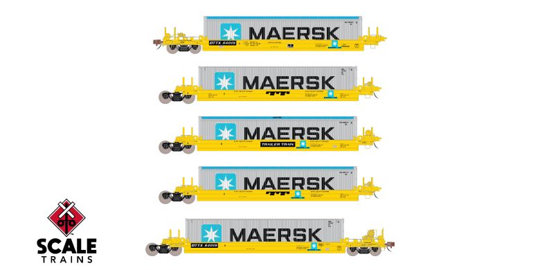 Scaletrains SXT40079 PS-Trinity Backpacker Well Car Set (5) DTTX #64019 - with Containers, Maersk HO Scale